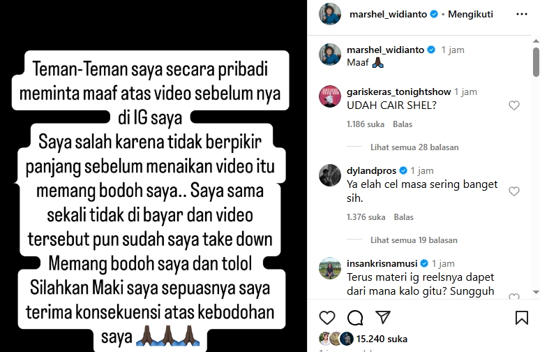 Postingan IG Marshel Widianto